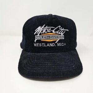 Vintage Harley-Davidson Corduroy SnapBack Hat 1980s Rare Black Michigan 1980s